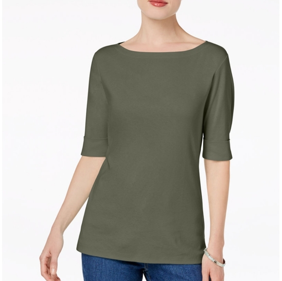 New Karen Scott Olive Petite Elbow Sleeve Top - Picture 1 of 6